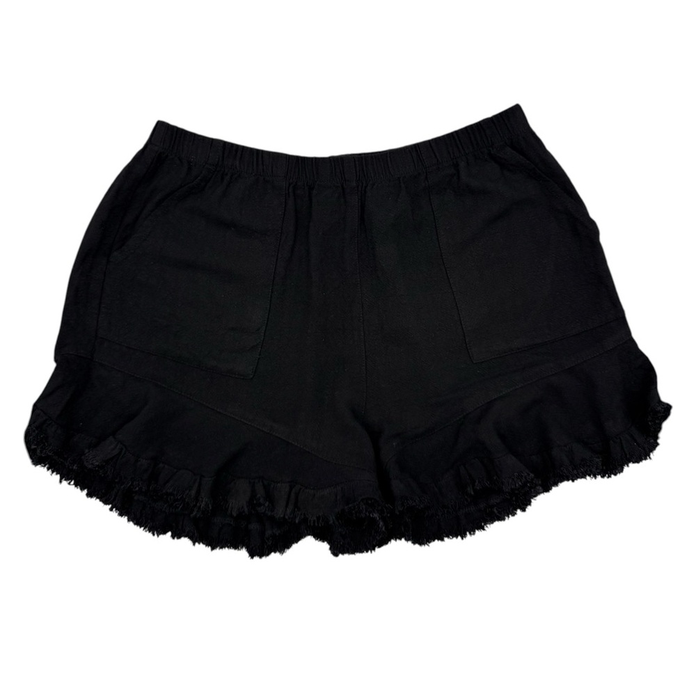 Umgee Womens Black Linen Blend Raw Ruffle Hem Pocket Elastic Waist Shorts Size S